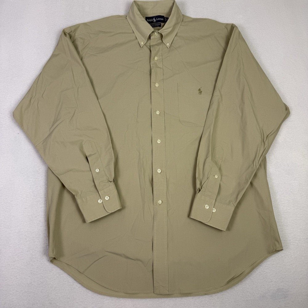 Ralph Lauren Big‎ Buttondown Shirt Men's 16 34/35 Tan Cotton Made in Hong Kong